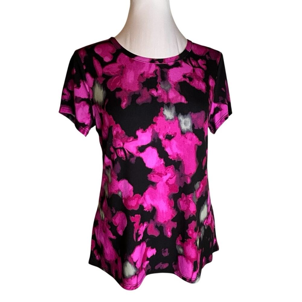 Vince Camuto T-Shirt Size XS Fuchsia Pink Black Abstract Floral Stretch Knit Top